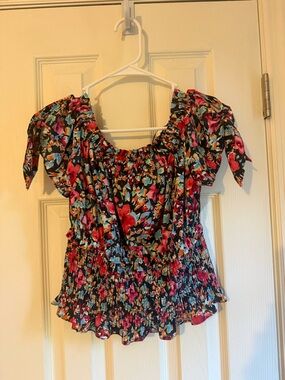 Zara Floral Off-Shoulder Smocked Peplum Top - Black Multi